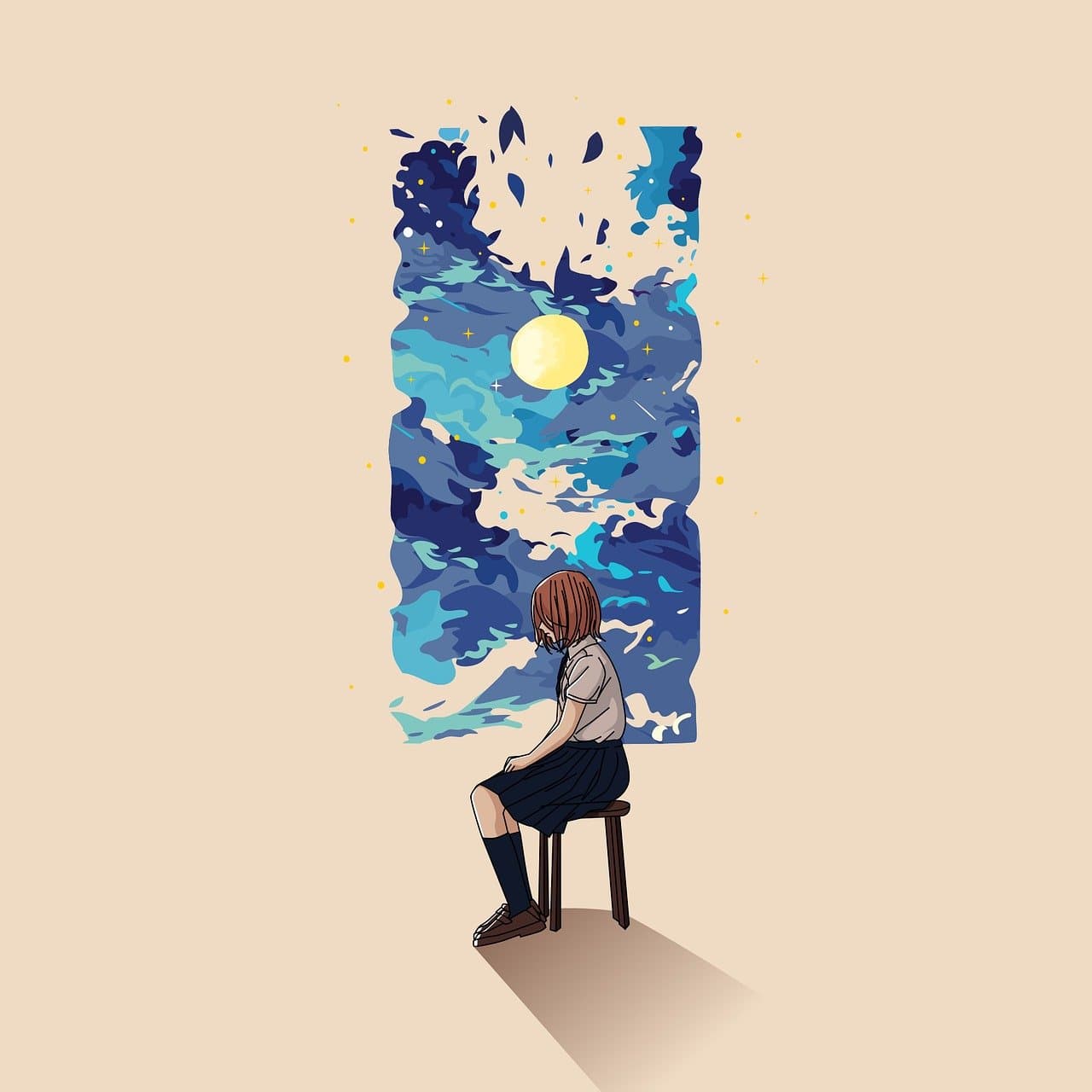 Girl, clouds, moon.