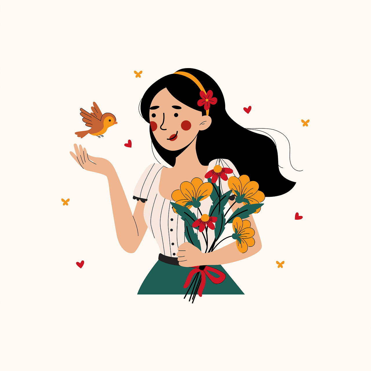 Woman with beautiful flowers in her hand.