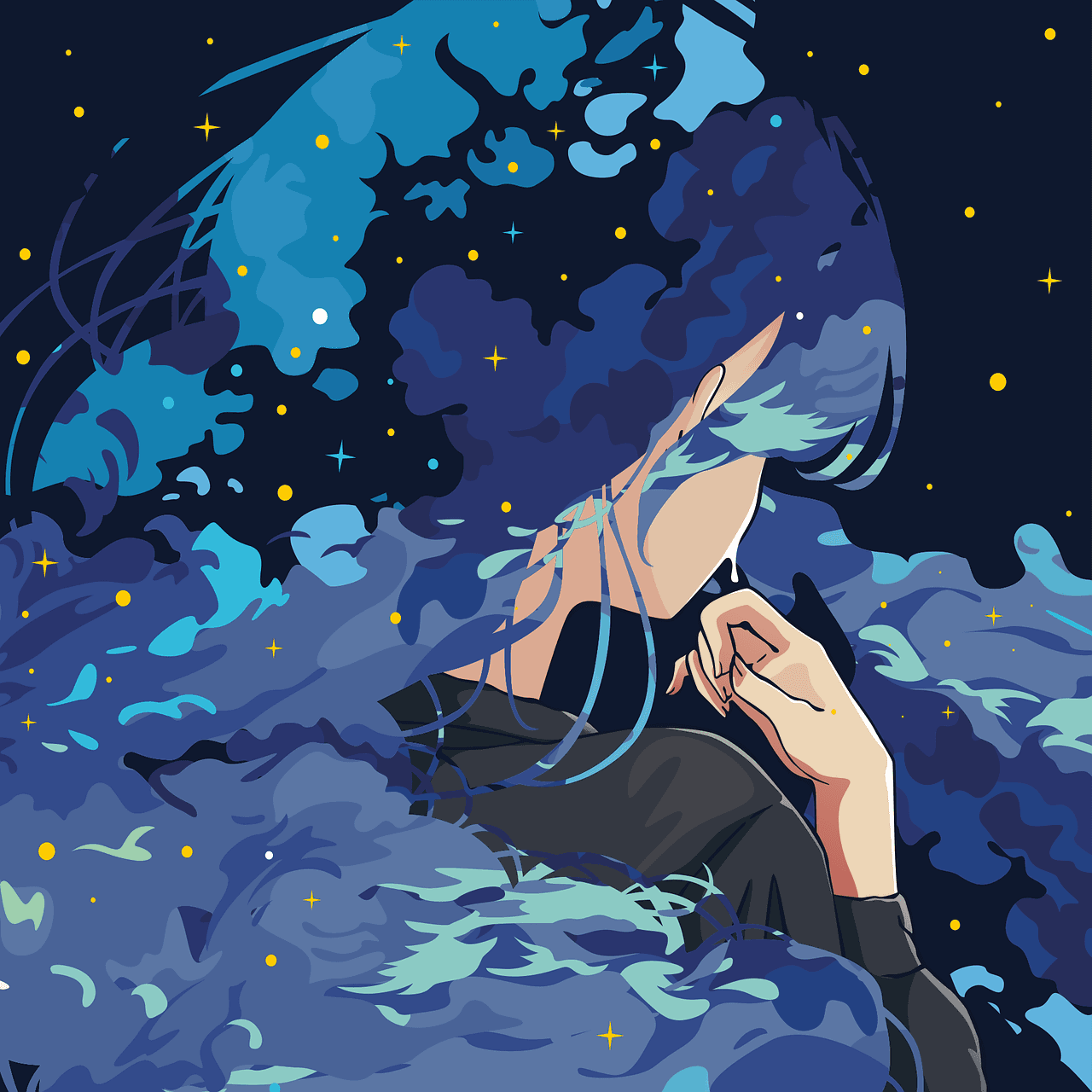 Woman thinking about space with stars.